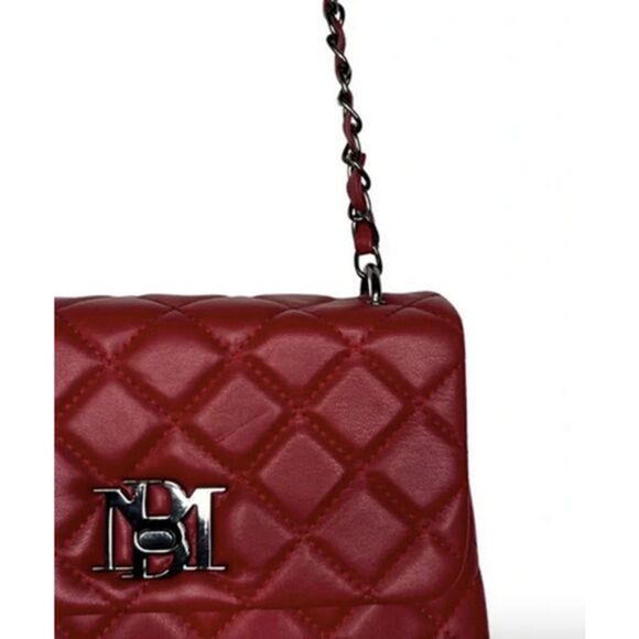 Badgley Mischka Designer Quilted Leather Red Silver Crossbody Purse - Picture 3 of 5